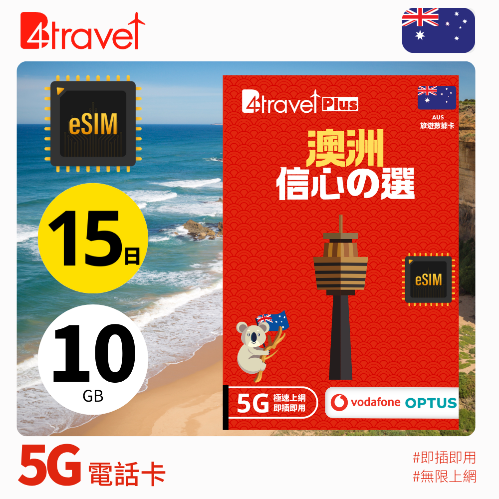 B4travel Plus 澳洲 5G 無限上網數據卡 (eSIM)