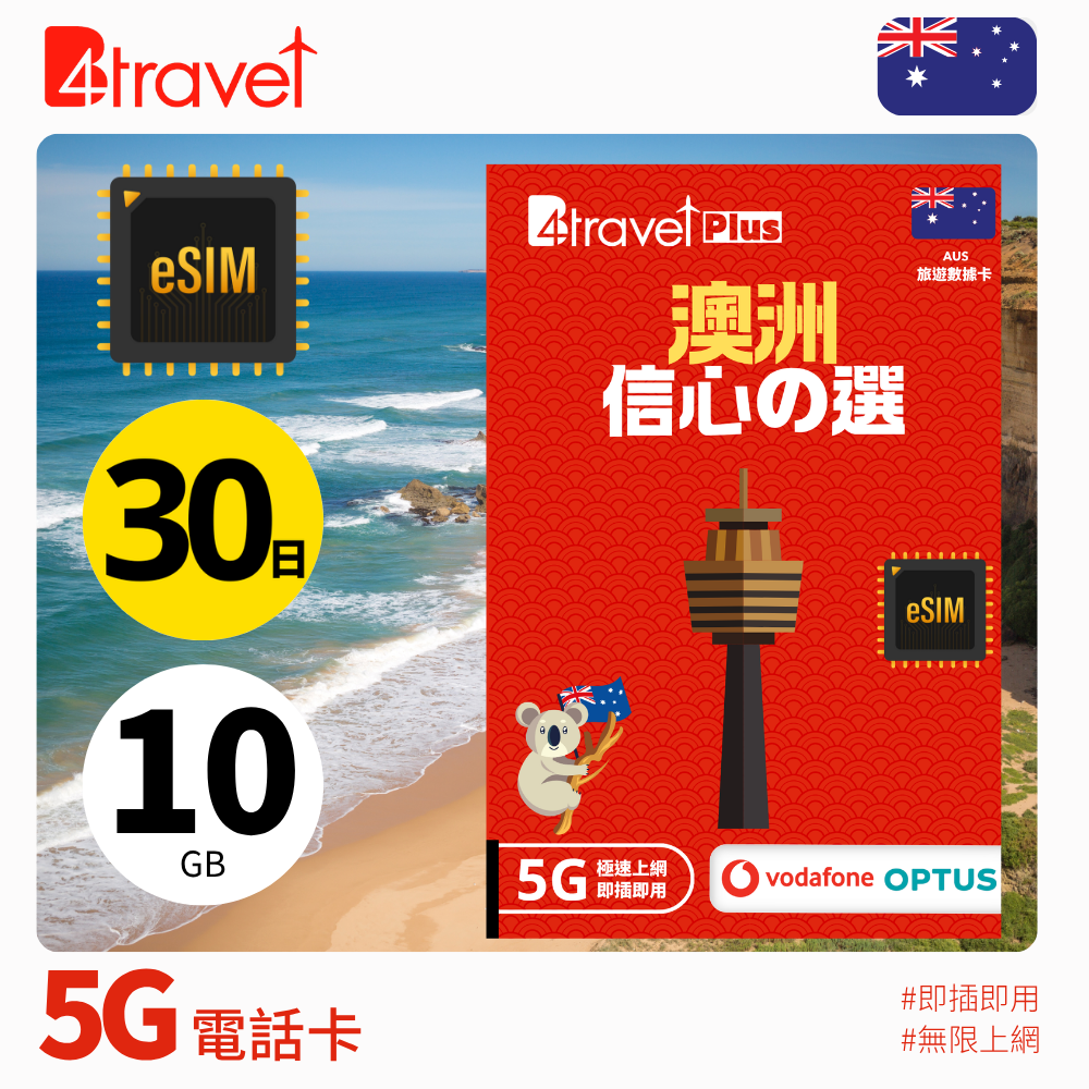 B4travel Plus 澳洲 5G 無限上網數據卡 (eSIM)