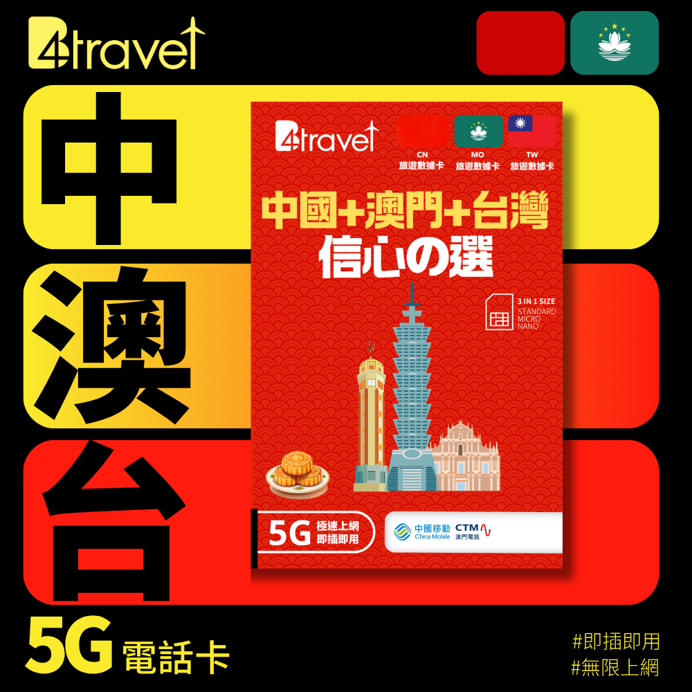 B4travel 中國+澳門+台灣 100GB 5G 上網卡(365日/年卡)