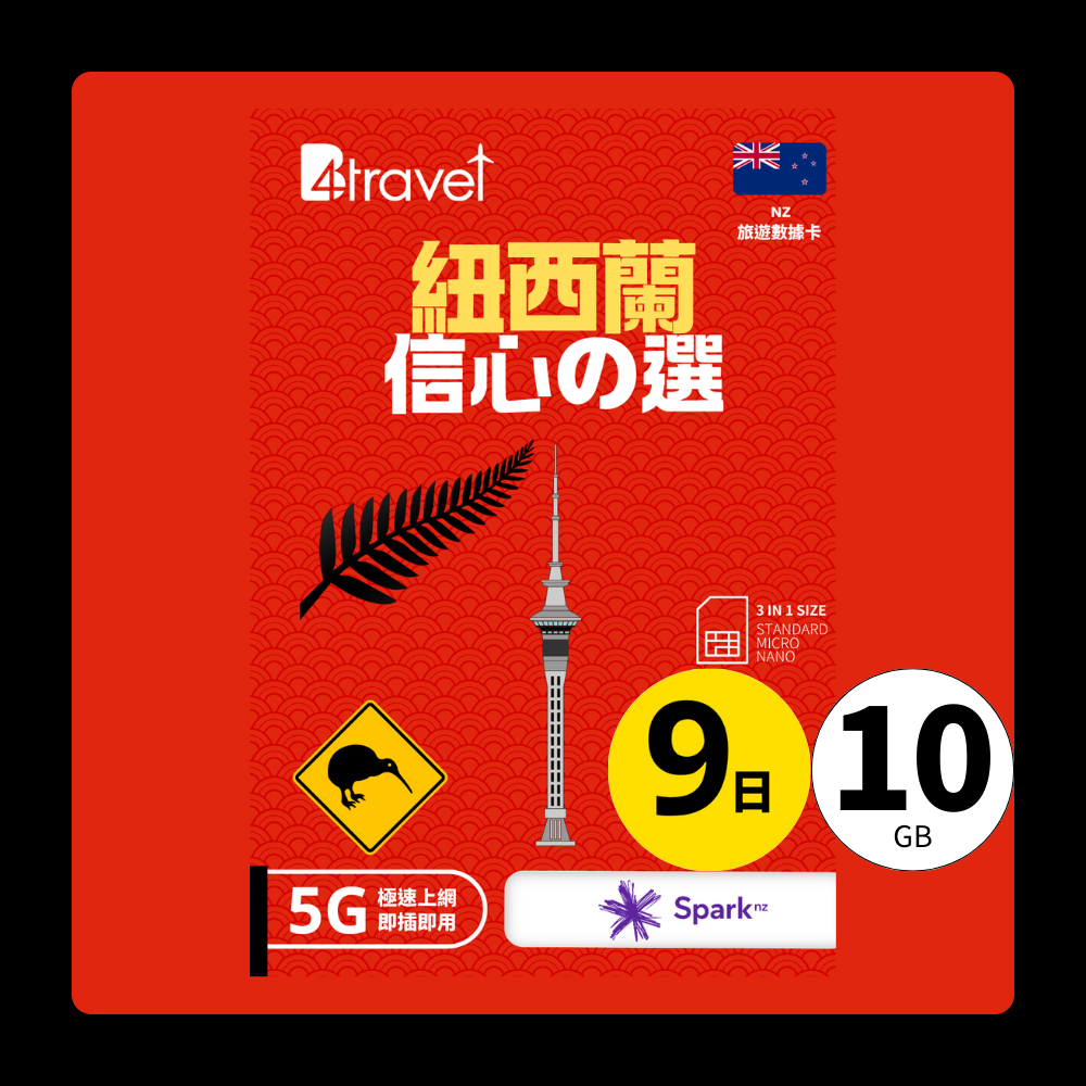 B4travel 紐西蘭 9日 10GB 5G 無限上網數據卡