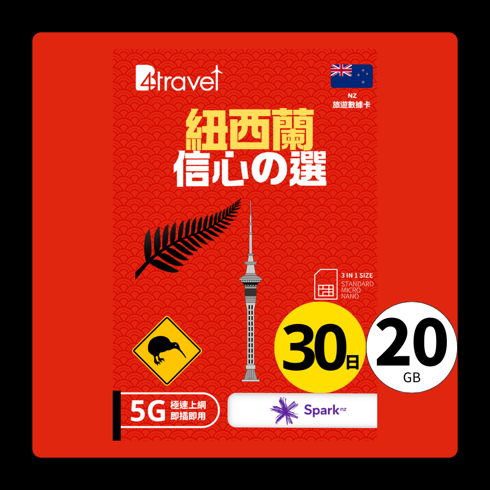 B4travel 紐西蘭 30日 20GB 5G 無限上網數據卡