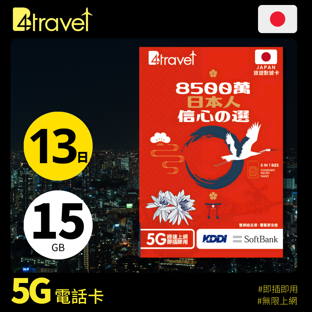 B4travel 雙網絡 日本 13日 15GB 5G 無限上網卡