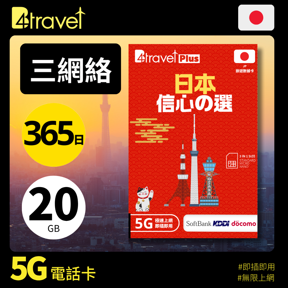 B4travel Plus 三網絡 日本 20GB 5G 無限上網卡(365日/年卡)