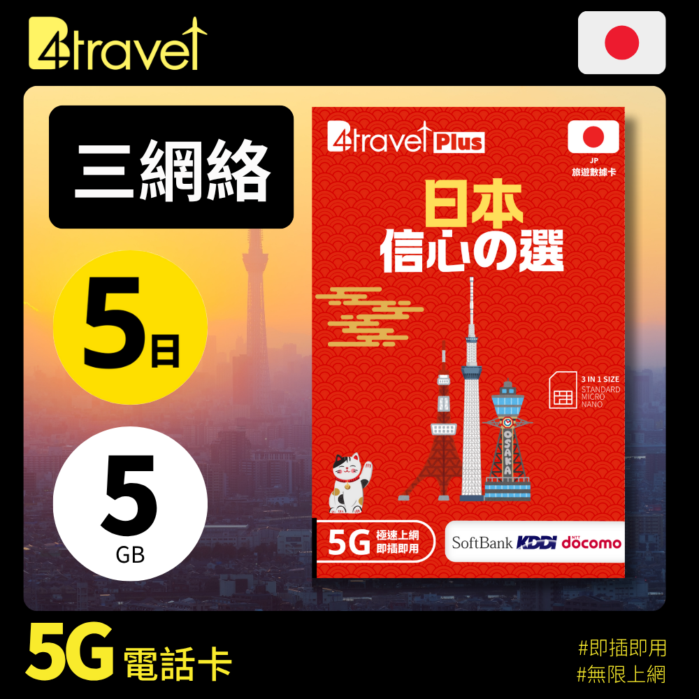 B4travel Plus 三網絡 日本 5日 5GB 5G 無限上網卡