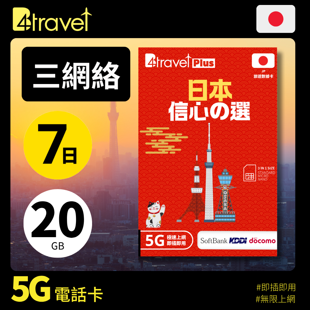 B4travel Plus 三網絡 日本 7日 20GB 5G 無限上網卡
