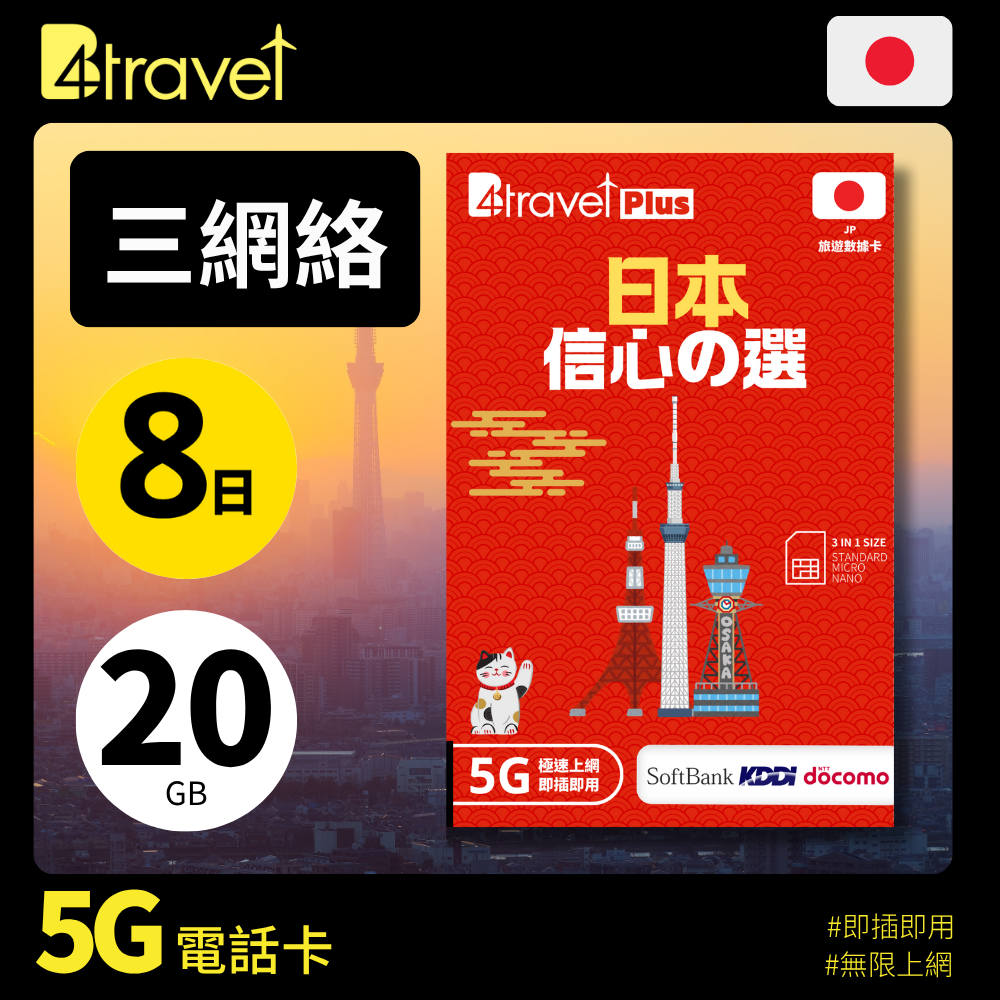 B4travel Plus 三網絡 日本 8日 20GB 5G 無限上網卡