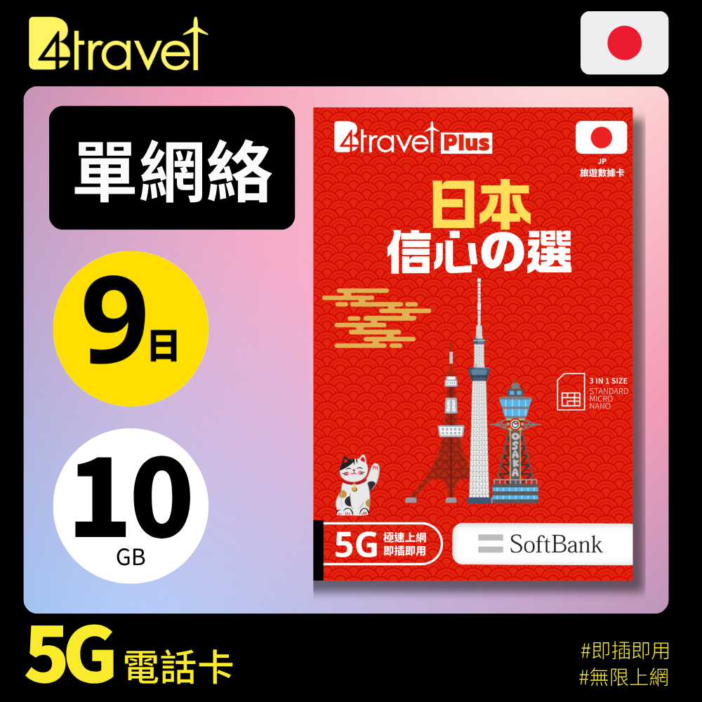 B4travel Plus 單網絡 日本 9日 10GB 5G 無限上網卡
