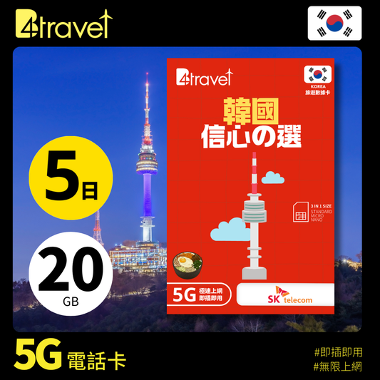 B4travel 韓國 5日 20GB 5G 無限上網卡