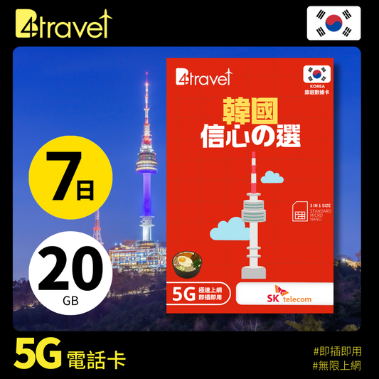 B4travel 韓國 7日 20GB 5G 無限上網卡