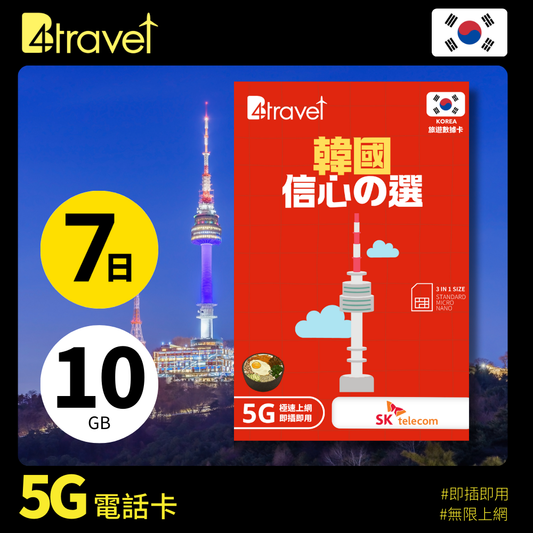B4travel 韓國 7日 10GB 5G 無限上網卡