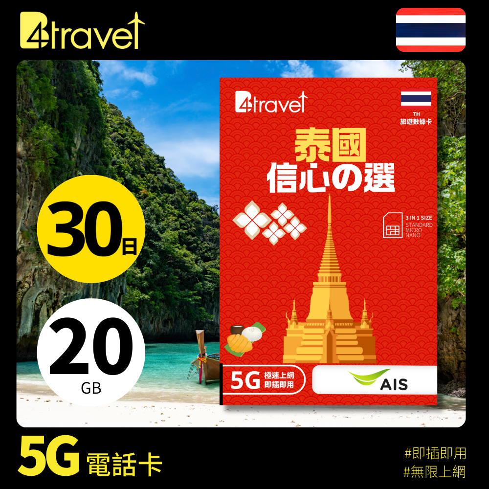 B4travel 泰國 30日 20GB 5G 無限上網數據卡