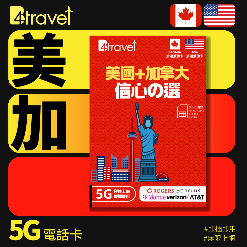 B4travel 美國+加拿大 14日 20GB 5G 無限上網數據卡