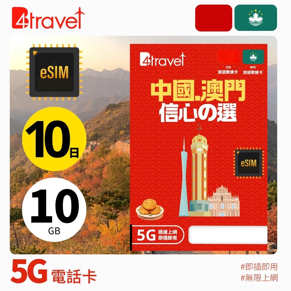 B4travel Plus 中國+澳門 5G 無限上網數據卡 (eSIM)
