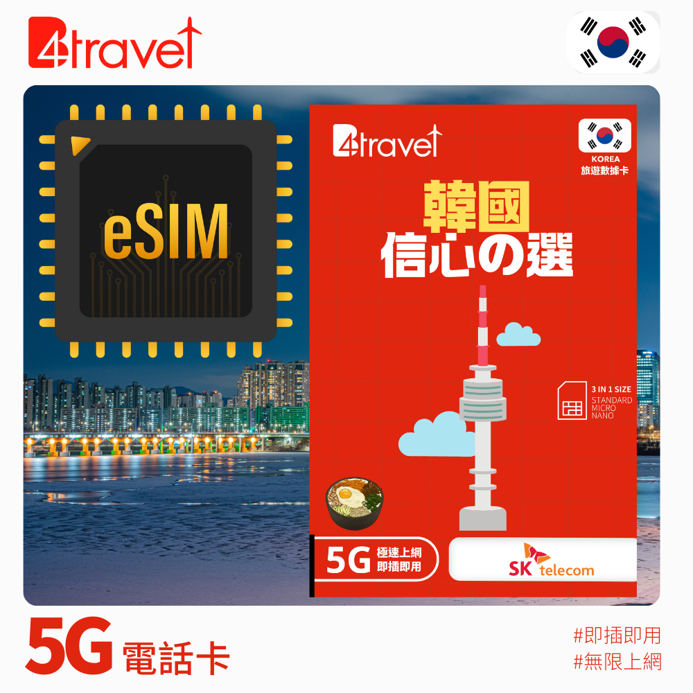 B4travel 韓國 5日 20GB 5G 無限上網卡