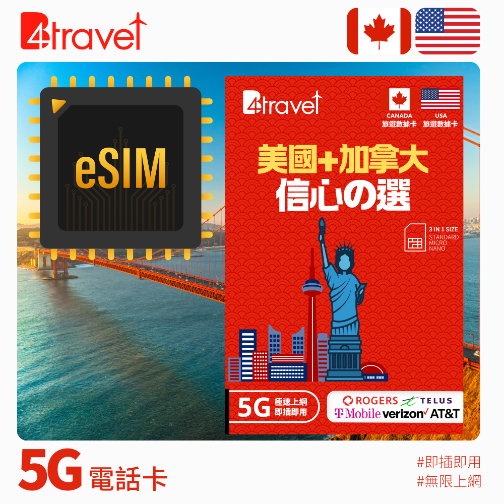 B4travel 美國+加拿大 5日 5GB 5G 無限上網數據卡