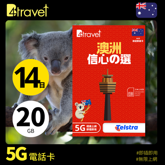 B4travel 澳洲 14日 20GB 5G 無限上網數據卡