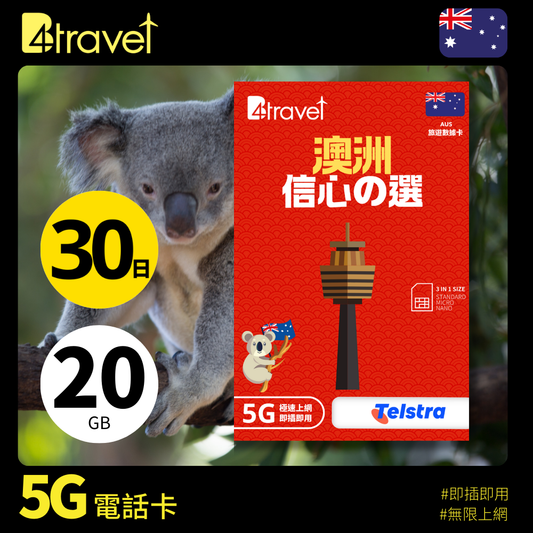 B4travel 澳洲 30日 20GB 5G 無限上網數據卡