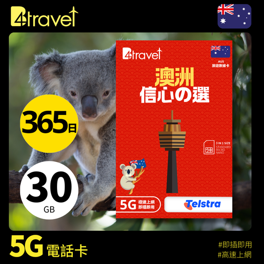B4travel 澳洲 30GB 5G 上網數據卡（365日/年卡）
