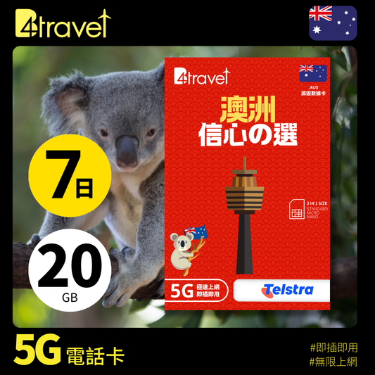 B4travel 澳洲 7日 20GB 5G 無限上網數據卡