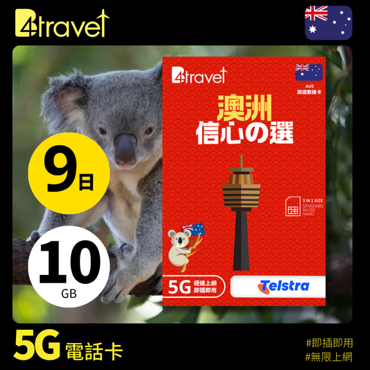 B4travel 澳洲 9日 10GB 5G 無限上網數據卡