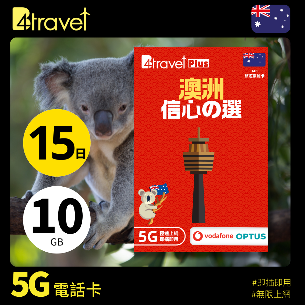 B4travel Plus 雙網絡 澳洲 15日 10GB 5G 無限上網數據卡