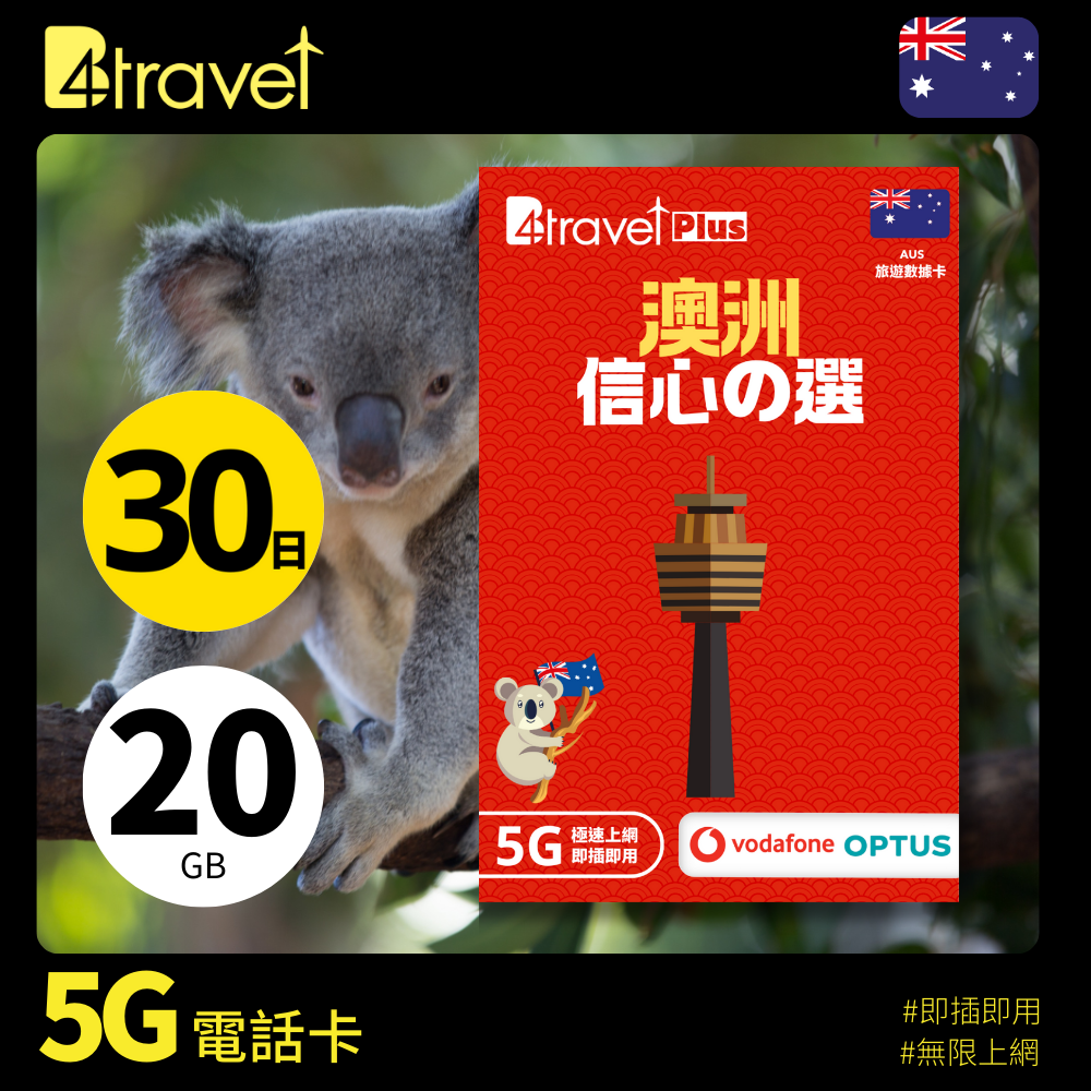 B4travel Plus 雙網絡 澳洲 30日 20GB 5G 無限上網數據卡