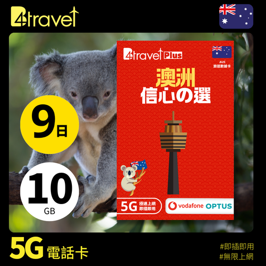 B4travel Plus 雙網絡 澳洲 9日 10GB 5G 無限上網數據卡