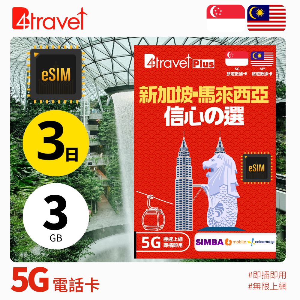 B4travel Plus 新加坡+馬來西亞 無限上網卡 (eSIM)
