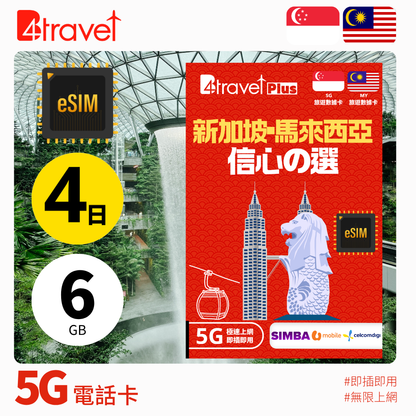 B4travel Plus 新加坡+馬來西亞 無限上網卡 (eSIM)