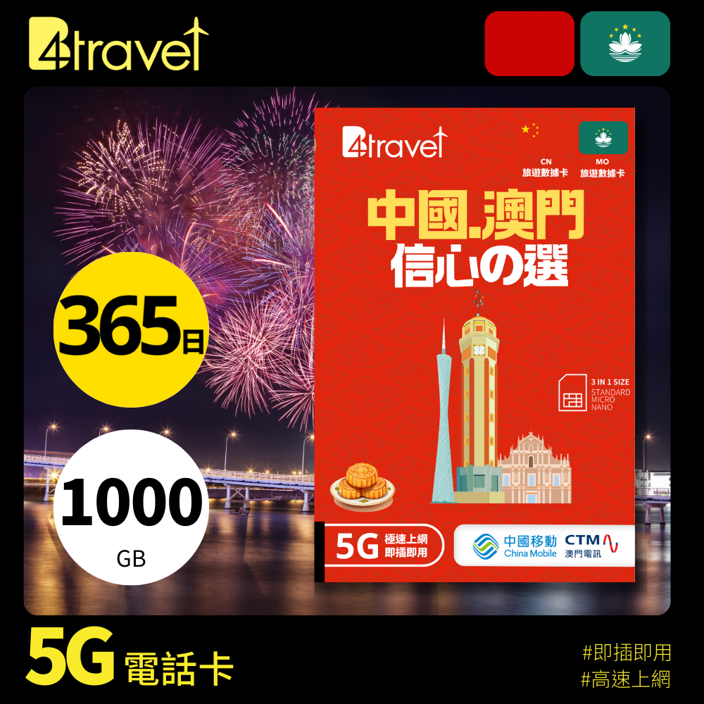 B4travel 中國+澳門 1000GB 5G 上網卡（365日/年卡）