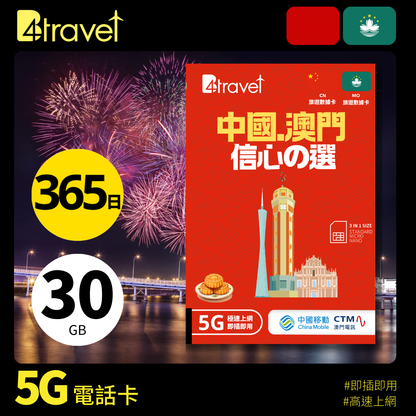 B4travel 中國+澳門 30GB 5G 上網卡（365日/年卡）