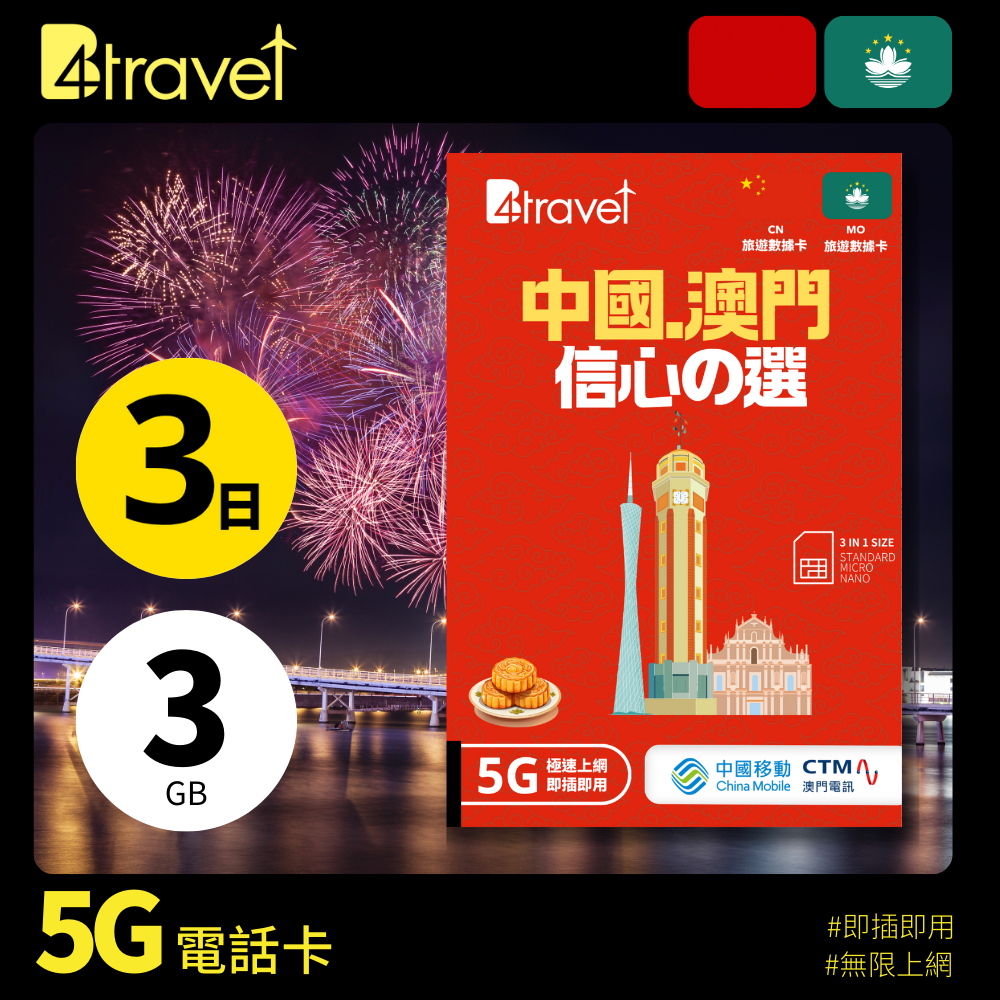B4travel 中國+澳門 3日 3GB 5G 無限上網卡