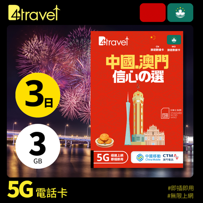 B4travel 中國+澳門 3日 3GB 5G 無限上網卡