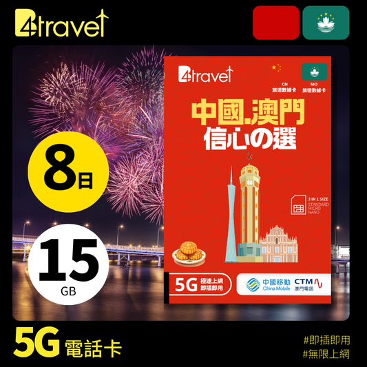 B4travel 中國+澳門 8日 15GB 5G 無限上網卡