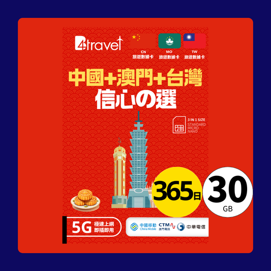 B4travel 中國+澳門+台灣 30GB 5G 上網卡（365日/年卡）