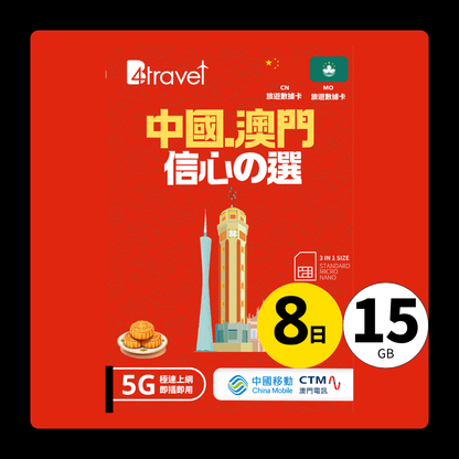 B4travel 中國+澳門 8日 15GB 5G 無限上網卡