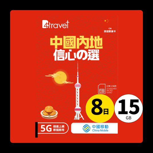 B4travel 中國 8日 15GB 5G 無限上網卡