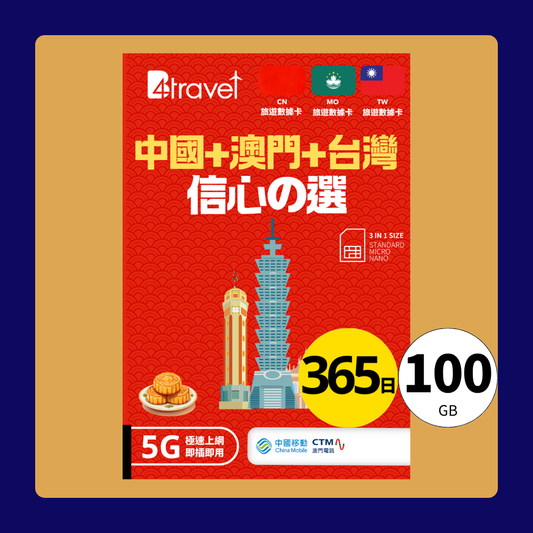B4travel 中國+澳門+台灣 100GB 5G 上網卡（365日/年卡）