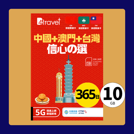 B4travel 中國+澳門+台灣 10GB 5G 上網卡（365日/年卡）