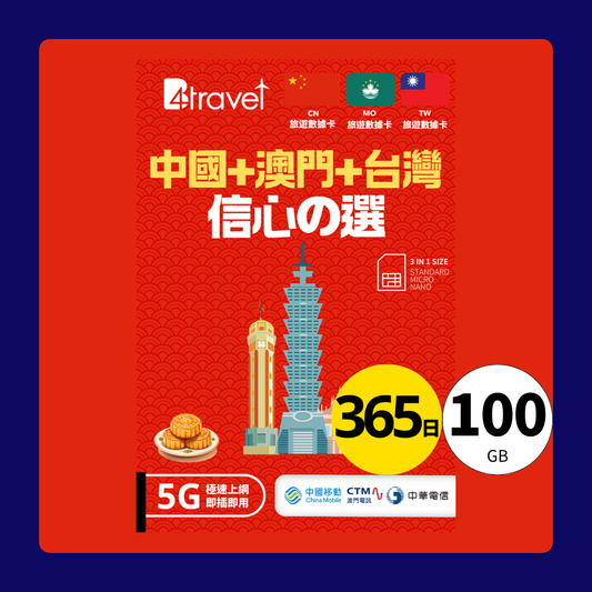 B4travel 中國+澳門+台灣 100GB 5G 上網卡（365日/年卡）