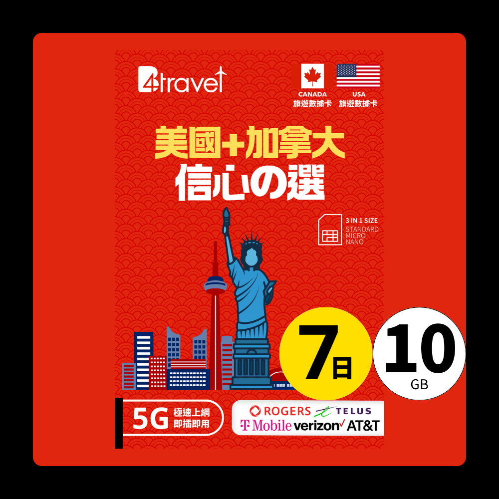 B4travel 美國+加拿大 7日 10GB 5G 無限上網數據卡
