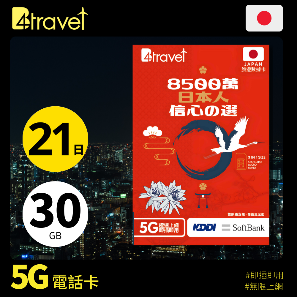 B4travel 雙網絡 日本 21日 30GB 5G 無限上網卡