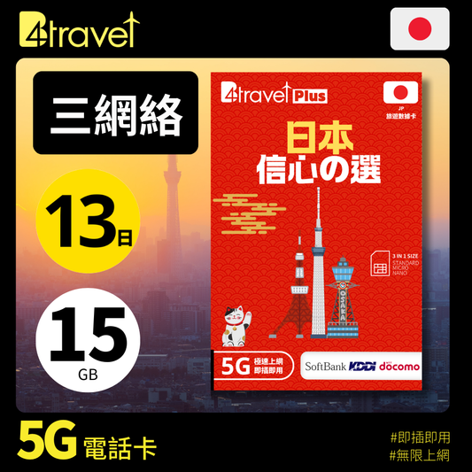 B4travel Plus 三網絡 日本 13日 15GB 5G 無限上網卡