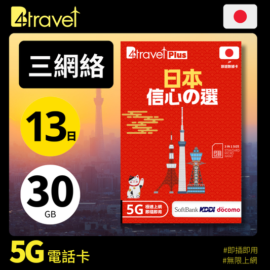 B4travel Plus 三網絡 日本 13日 30GB 5G 無限上網卡