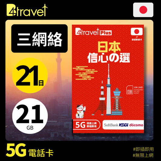 B4travel Plus 三網絡 日本 21日 21GB 5G 無限上網卡