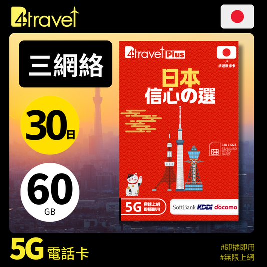 B4travel Plus 三網絡 日本 30日 60GB 5G 無限上網卡