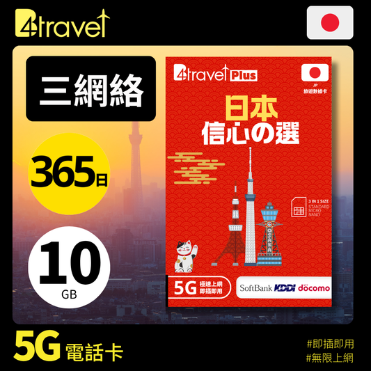B4travel Plus 三網絡 日本 10GB 5G 無限上網卡（365日/年卡）