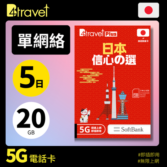 B4travel Plus 單網絡 日本 5日 20GB 5G 無限上網卡
