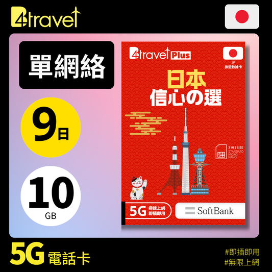 B4travel Plus 單網絡 日本 9日 10GB 5G 無限上網卡