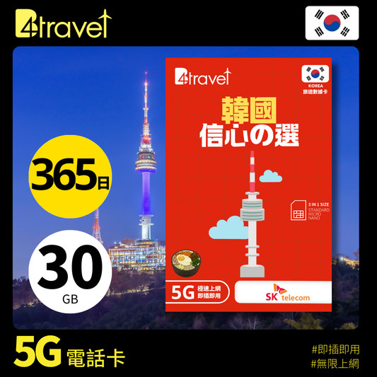 B4travel 韓國 30GB 5G 高速上網卡（365日/年卡）